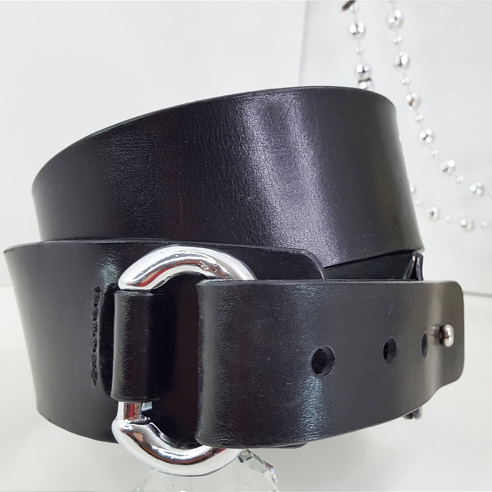 Brave🪱Black Leather High Waist Fold Belt with D-Ring Silver Buckle